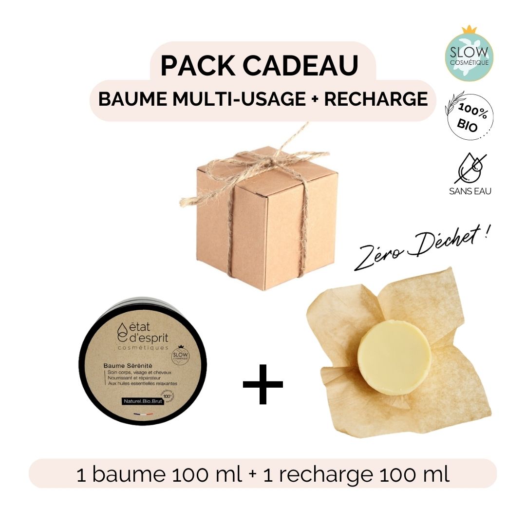 Pack cadeau Baume multi-usage et sa recharge zéro déchet présentés dans un joli paquet. 
